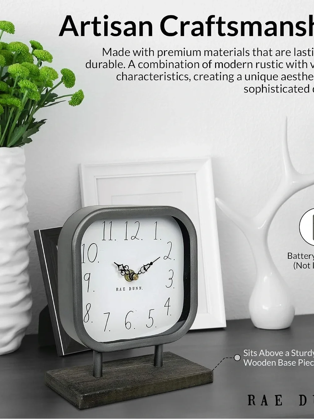 Rae Dunn White Face Clock with Gray Frame and Black Hands
